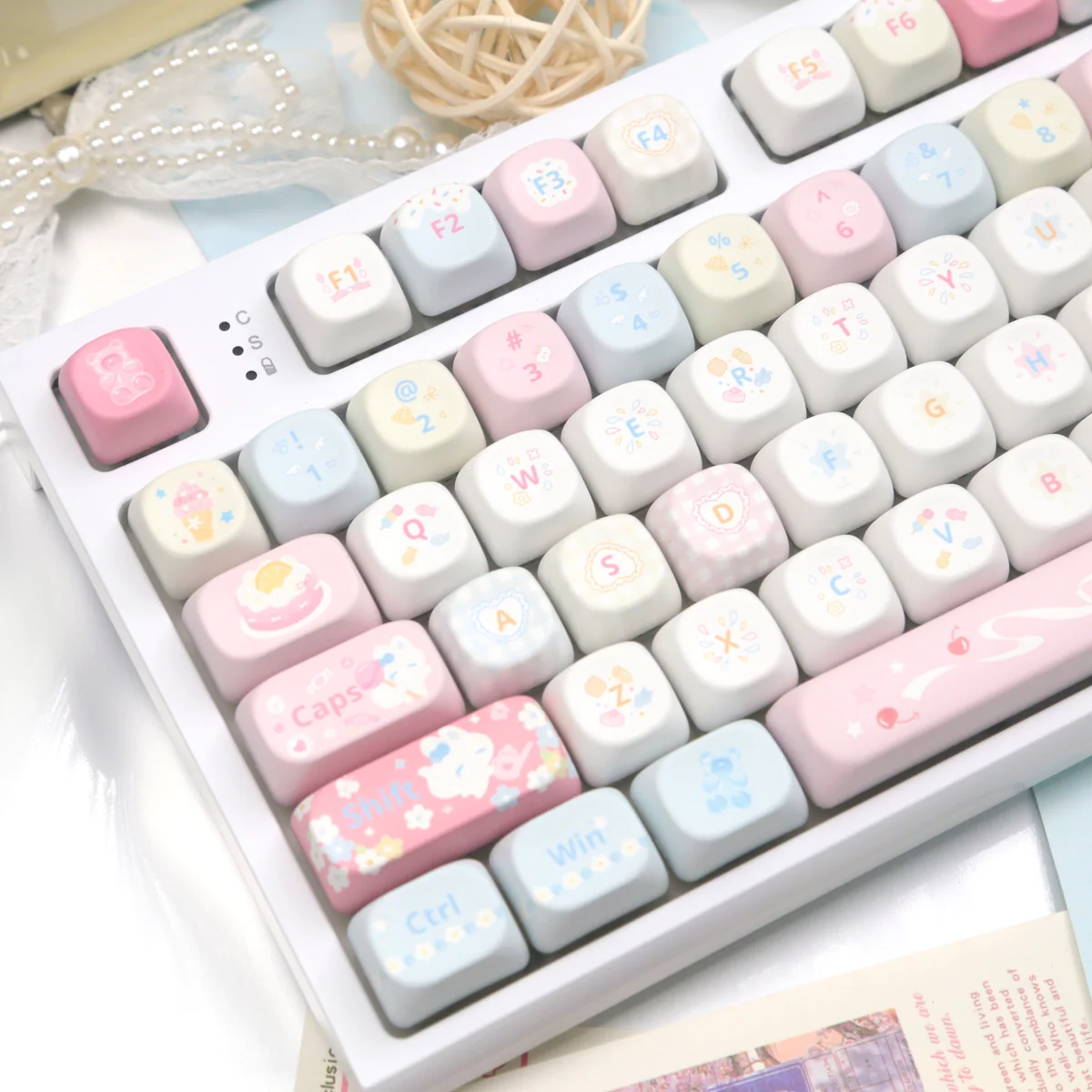 A close-up view of the whimsical Dessert Fox PBT MOA keycap set, showcasing charming pastel keycaps with playful dessert fox characters arranged.