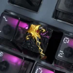 Premium DOTA 2 Black King Bar aluminum backlit keycap shown from various angles, highlighting its iconic design and vibrant illumination.
