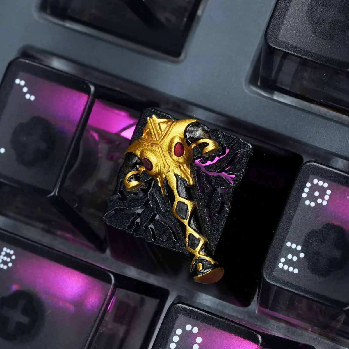 Premium DOTA 2 Black King Bar aluminum backlit keycap shown from various angles, highlighting its iconic design and vibrant illumination.