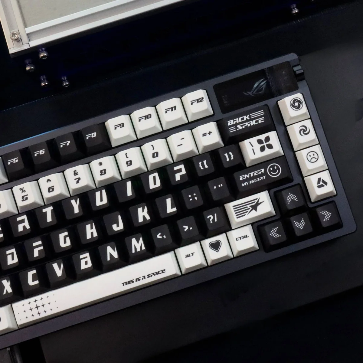 Dreamcore PBT Dye-Sublimated Keycap Set, various angles. Monochromatic surrealism, digital dreamscapes, and nostalgic liminal art.