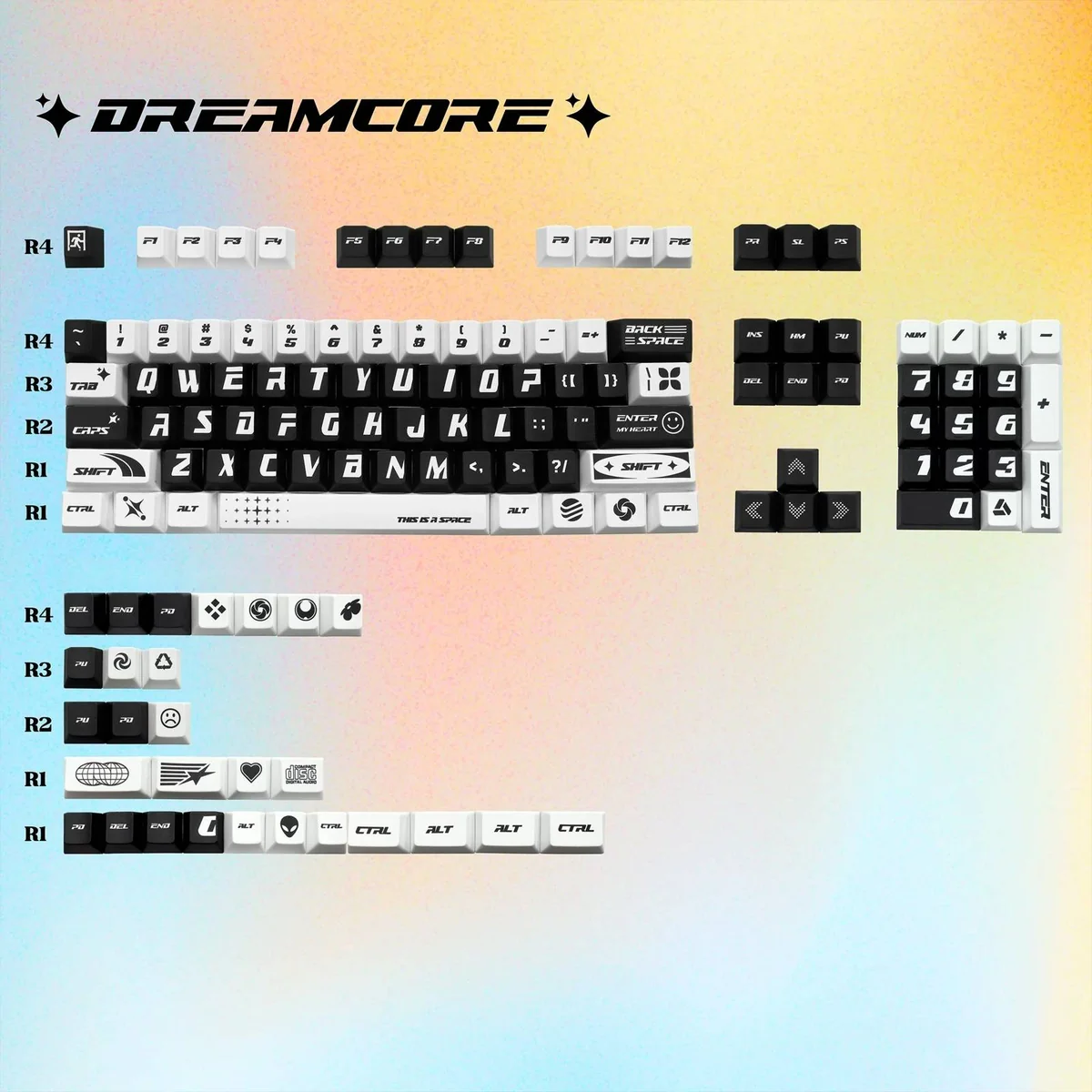 Unique Dreamcore PBT Dye-Sublimated Keycap Set, a digital dreamscape for your keyboard. This artistic display captures monochromatic surrealism.