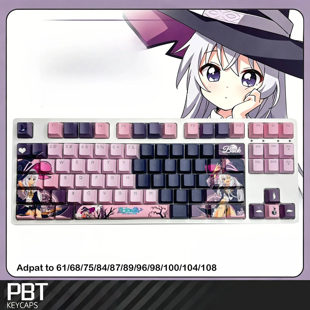 Elaina Keycaps: Wandering Witch PBT Backlit Set showcasing exclusive, dye-sublimated legends of Elaina, beautifully illuminated for an ar