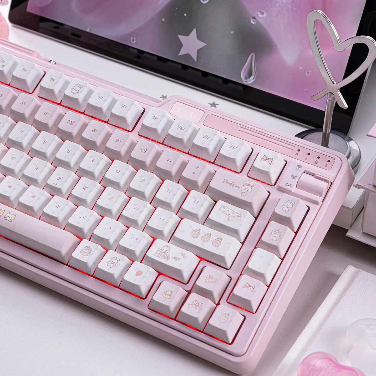 Enchanting Fairy Tale Tea Party PBT Keycaps gallery, showcasing whimsical pastel illustrations and dreamy details from various angles.