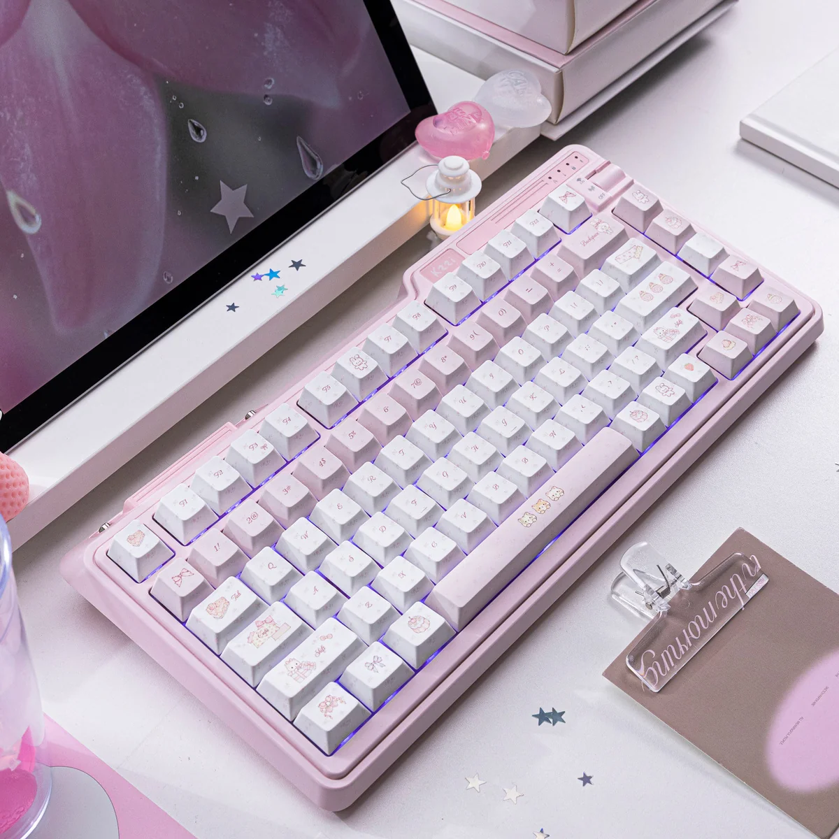 A collection of enchanting fairy tale tea party PBT keycaps, showcasing various angles of whimsical illustrations in soft pastel hues.