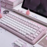 Enchanting Fairy Tale Tea Party PBT keycaps, captured from various angles, featuring whimsical pastel illustrations for a dreamy custom keyboard.