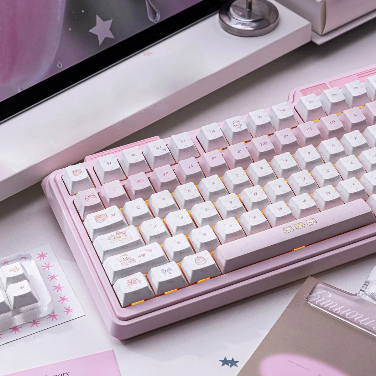 Enchanting Fairy Tale Tea Party PBT keycaps from a unique angle, showcasing whimsical pastel illustrations and dreamy fairy tale elements.