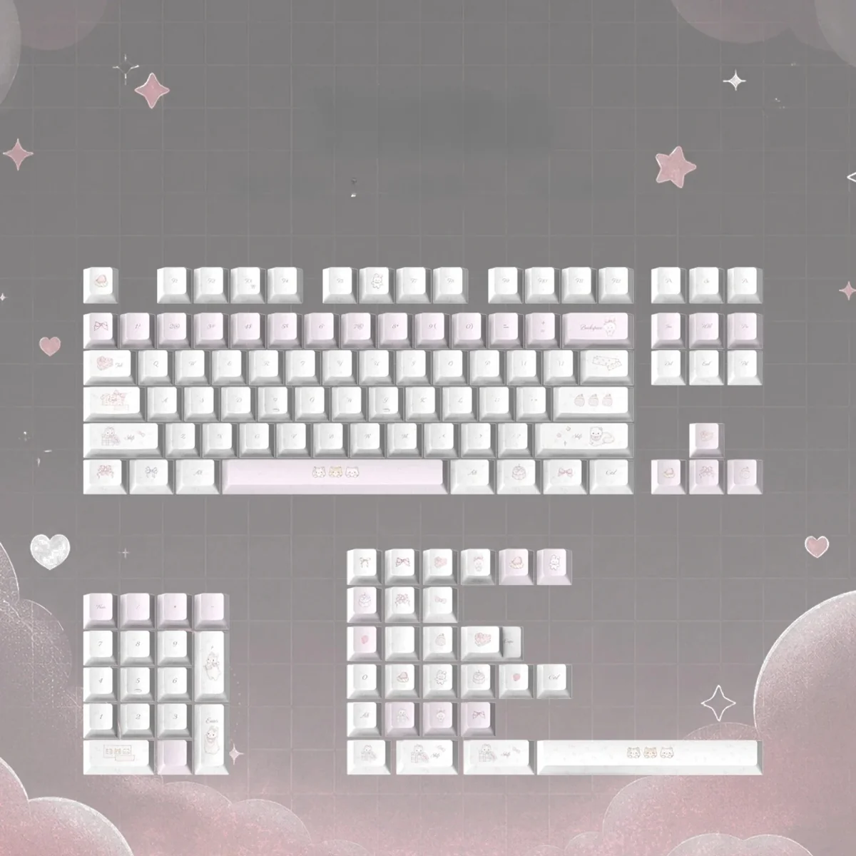 Detailed views of the enchanting fairy tale tea party PBT keycaps, showcasing their whimsical illustrations and soft pastel hues from various angles.