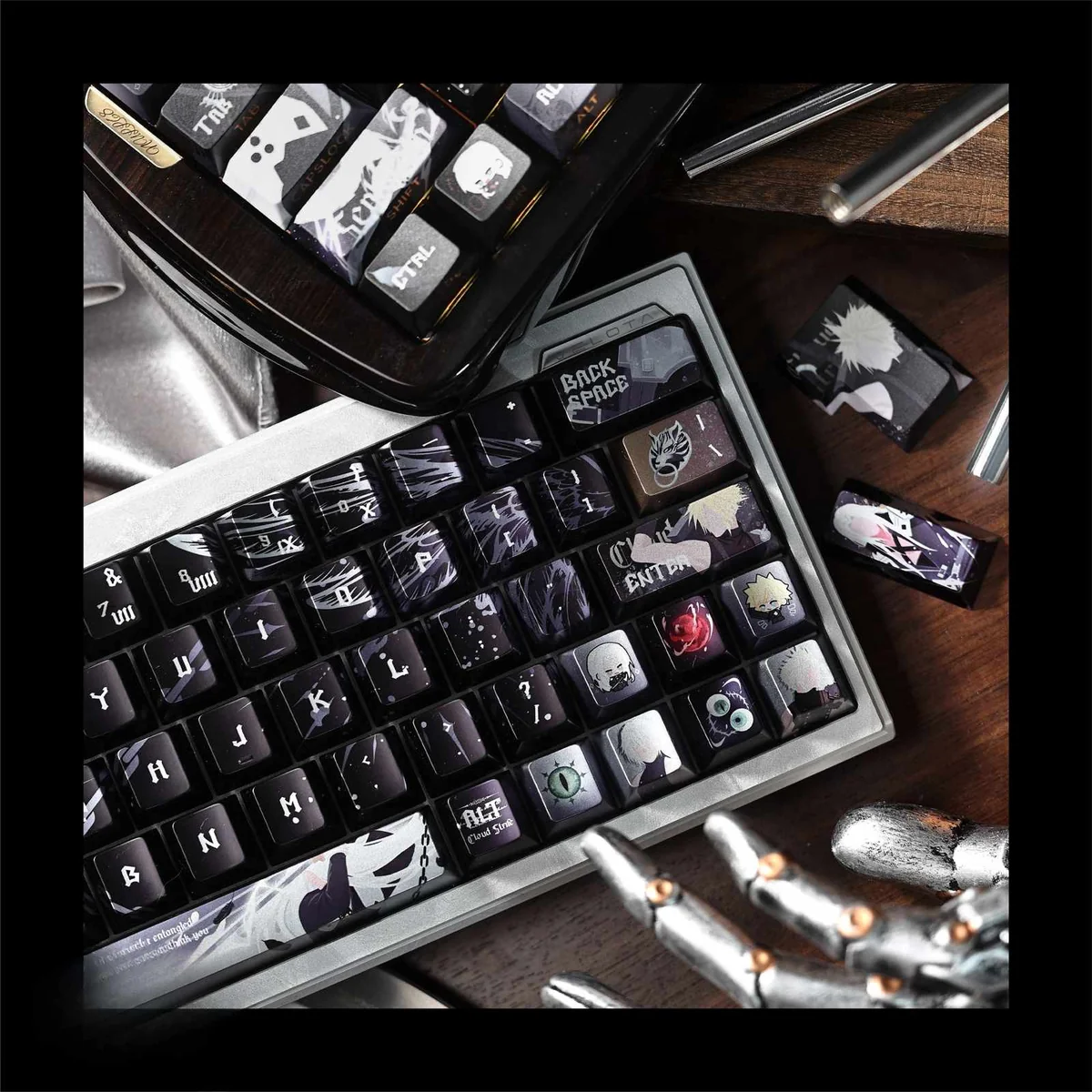 Iconic Final Fantasy VII Sephiroth Cloud PBT side-engraved keycap. Displaying subtle character motifs, metallic finish, and legends from all angles.