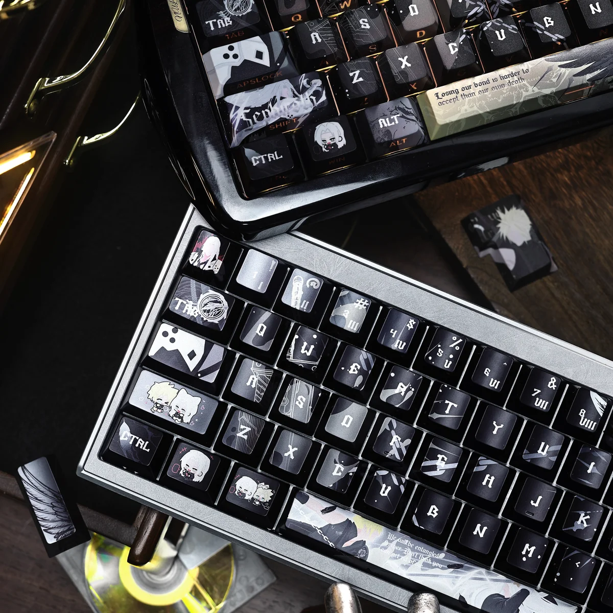 Iconic Final Fantasy VII Sephiroth Cloud PBT side-engraved keycap, elegantly displayed from multiple angles, highlighting its subtle character motifs and sophistic.