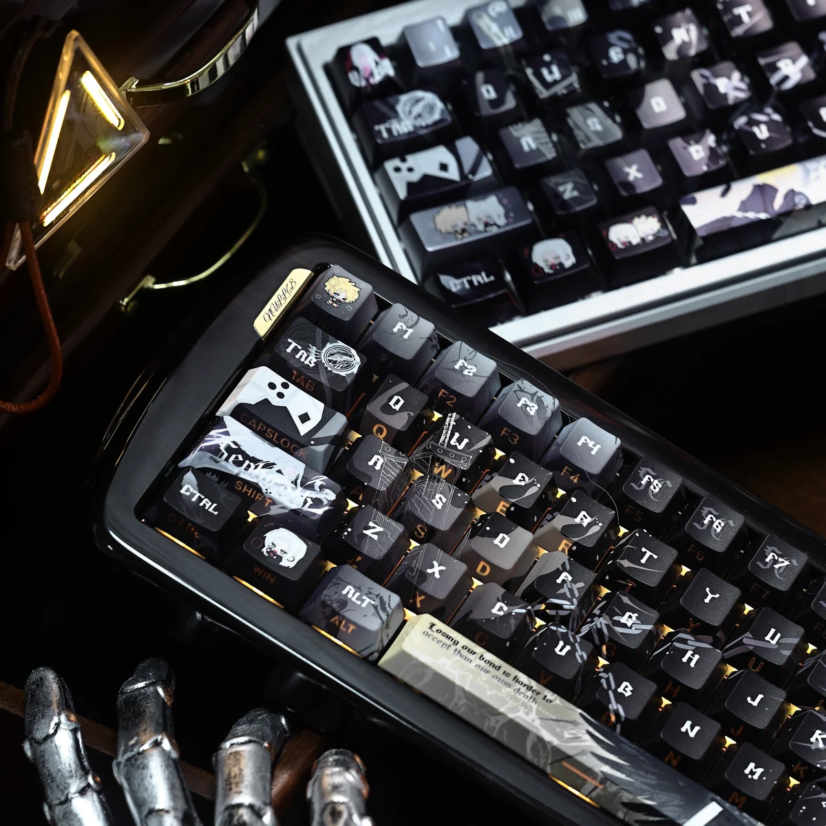 Iconic Final Fantasy VII Sephiroth Cloud PBT side-engraved keycaps from various angles. Features subtle character motifs and a sophisticated metallic finish.