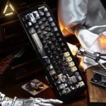 Iconic Final Fantasy VII Sephiroth Cloud PBT keycap, side-engraved with subtle character legends, shown from an artistic angle highlighting its premium metallic finish.