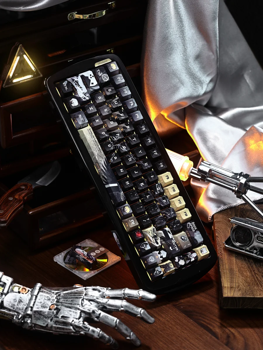 Iconic Final Fantasy VII Sephiroth Cloud PBT keycap, side-engraved with subtle character legends, shown from an artistic angle highlighting its premium metallic finish.