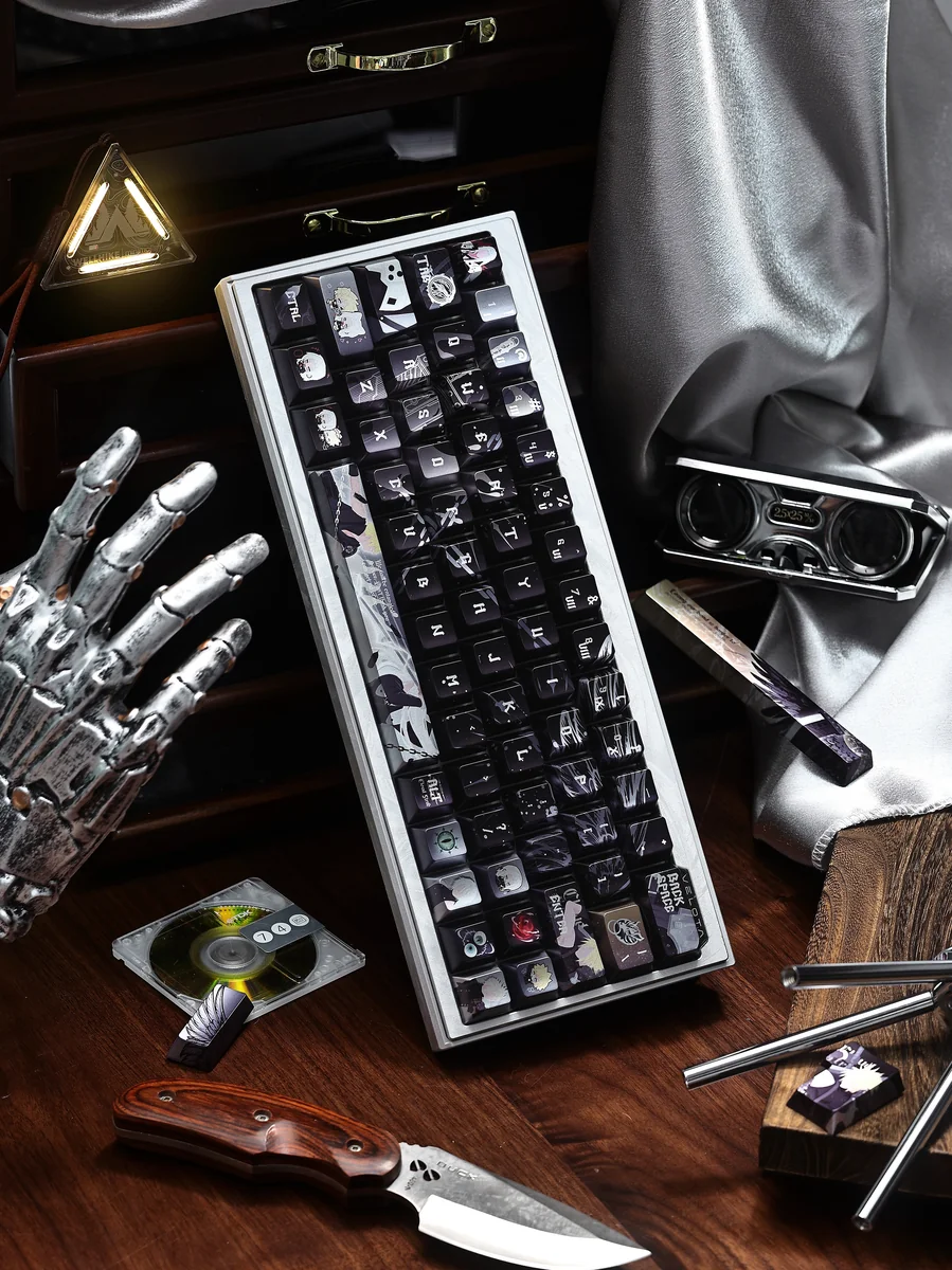 Close-up of the iconic Final Fantasy VII Sephiroth and Cloud PBT keycap, showcasing its unique SC side-engraved legends and subtle character motifs with a sophistic.