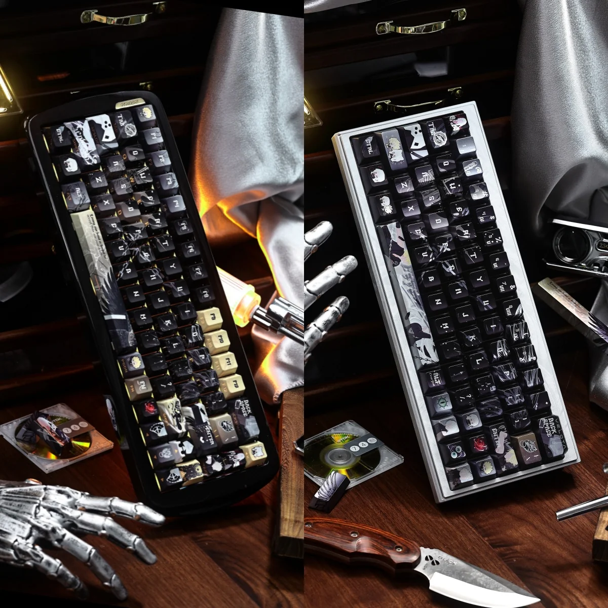 Iconic Final Fantasy VII Sephiroth Cloud PBT side-engraved keycap featuring subtle character motifs and a sophisticated metallic finish. A premium FF7 keycap.