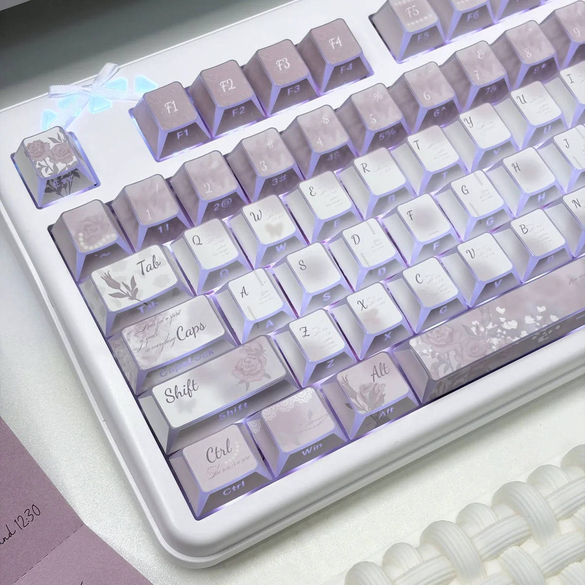 Vintage Rose PBT Keycap Set, artfully showcasing durable PBT and subtle side-printed legends. Soft hues evoke a rose garden aesthetic.