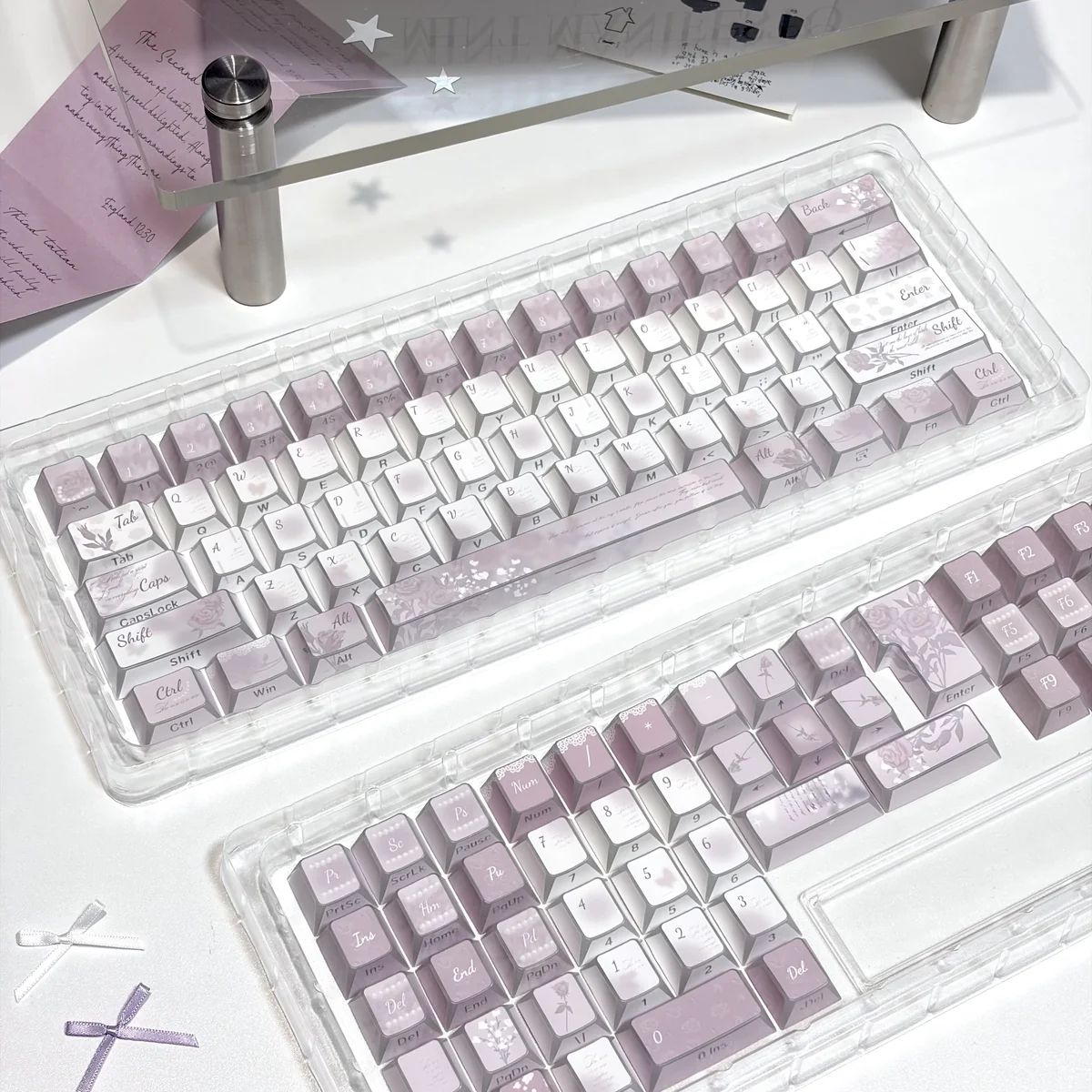 Side-printed Vintage Rose PBT Keycap Set. Soft hues evoke a vintage rose aesthetic and Cherry profile, multiple angles shown.