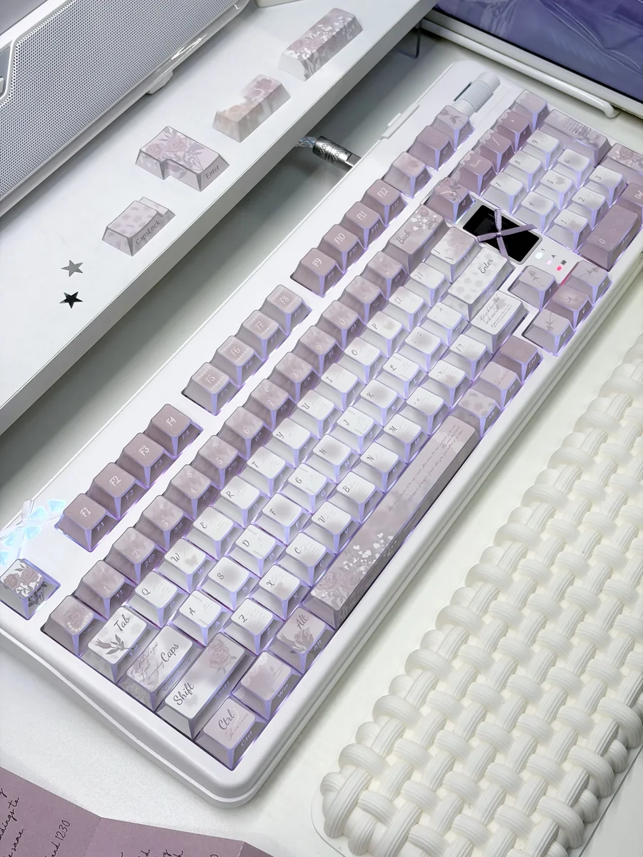 Soft Vintage Rose PBT Keycap Set, showing side-printed Cherry profile legends with an artistic, durable finish.