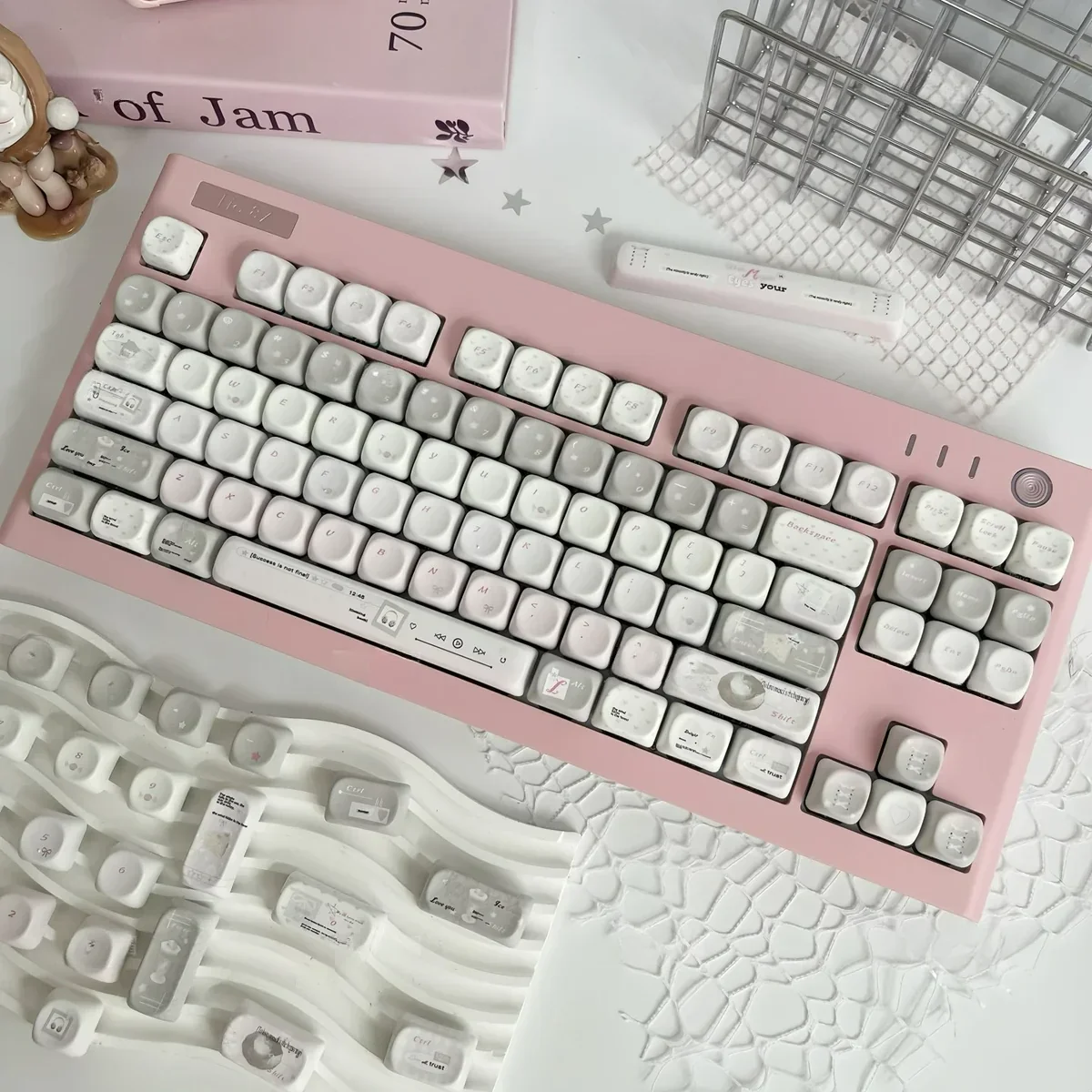 Elegant French Dream PBT MOA keycaps set, shown from multiple angles, highlighting soft pastel hues and delicate vintage French patterns, evoking whimsical design.
