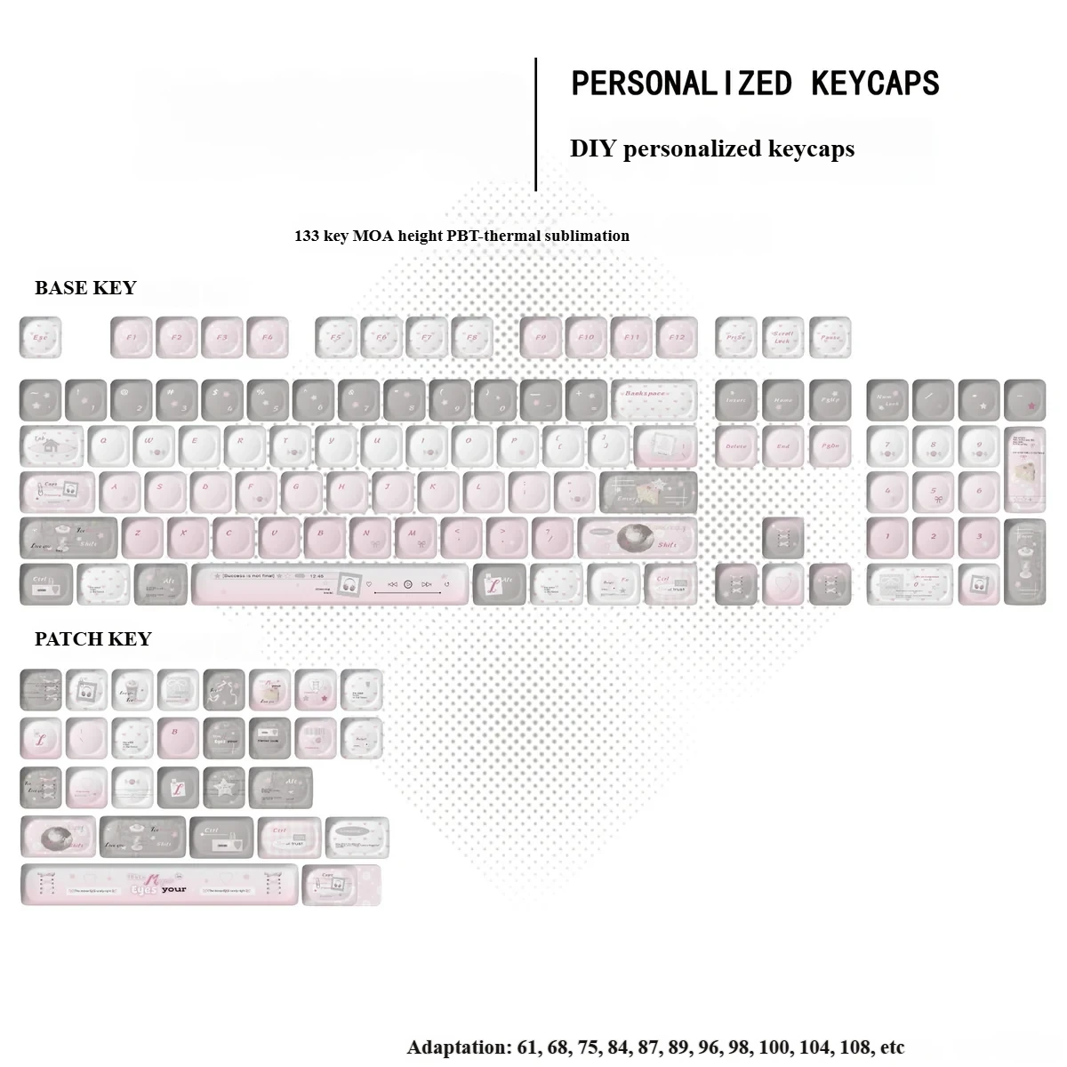 Close-up product gallery of Elegant French Dream PBT MOA keycaps set, revealing soft pastel colors and intricate vintage patterns from multiple artistic design.