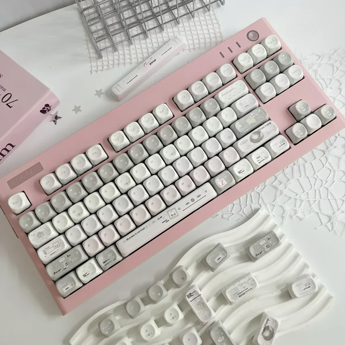 Elegant French Dream PBT MOA Keycaps set, showcasing soft pastel colors, delicate vintage French patterns, and a serene dreamscape aesthetic.