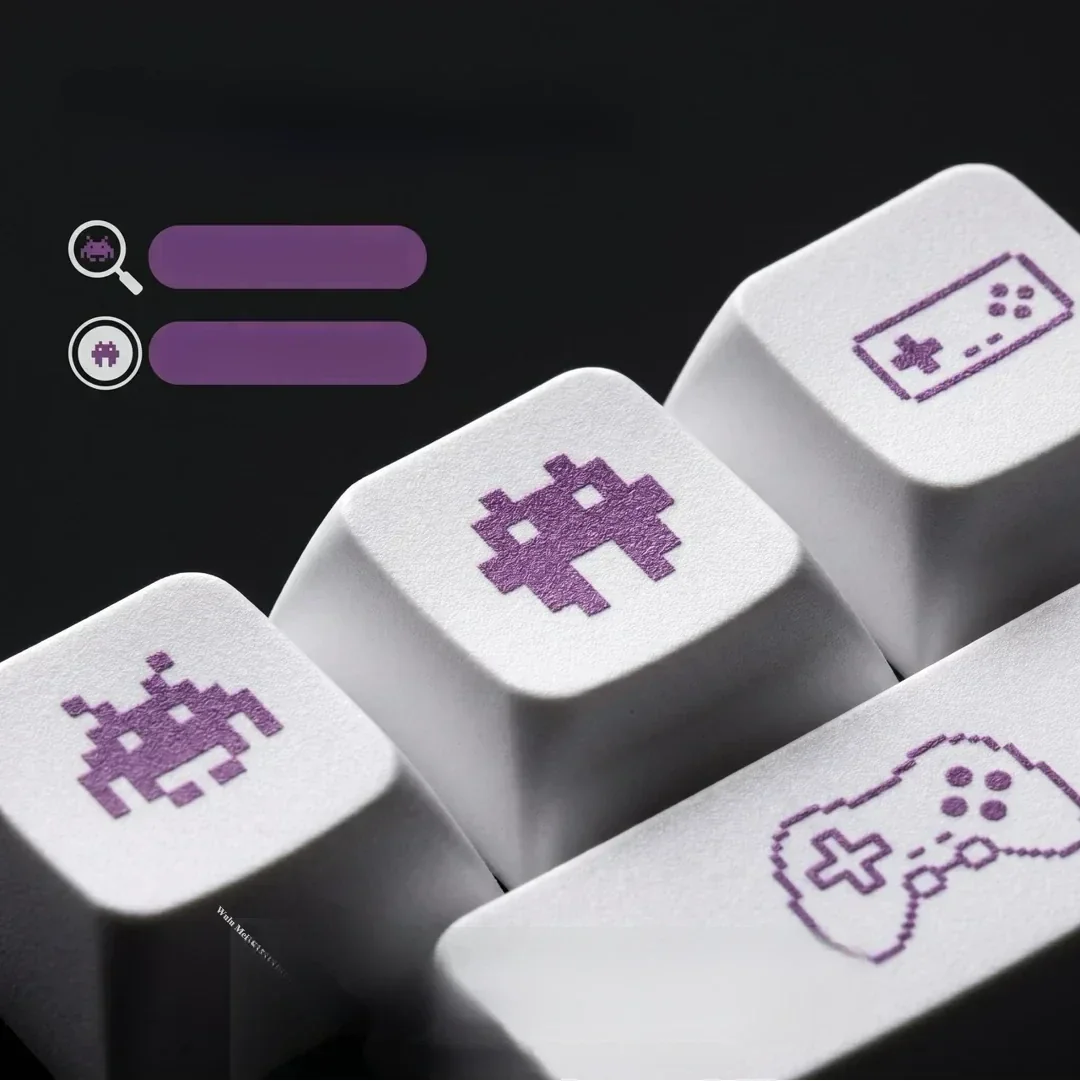 Vibrant PBT XDA gaming keycaps set, featuring playful retro pixel art designs shown from multiple angles, ideal for enhancing any mechanical keyboard.