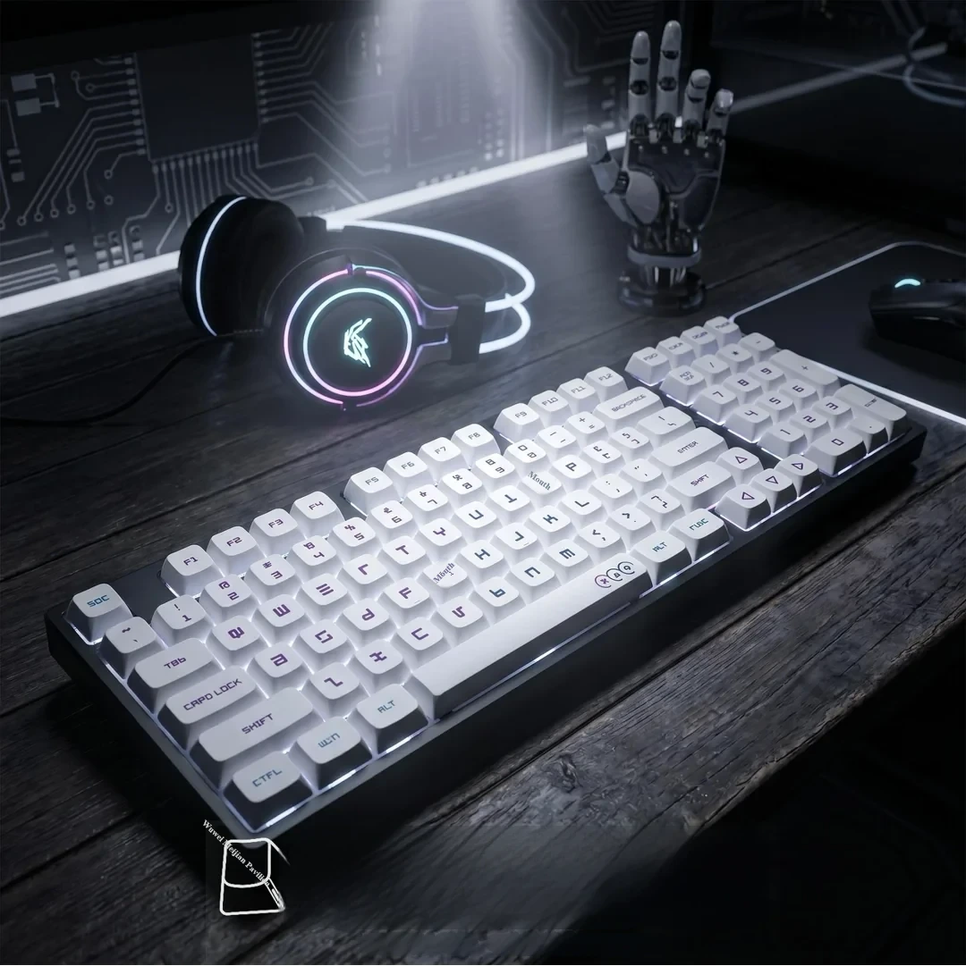Vibrant retro gaming PBT XDA keycaps set, showcasing various angles of playful pixel art designs, perfect for a custom mechanical keyboard.