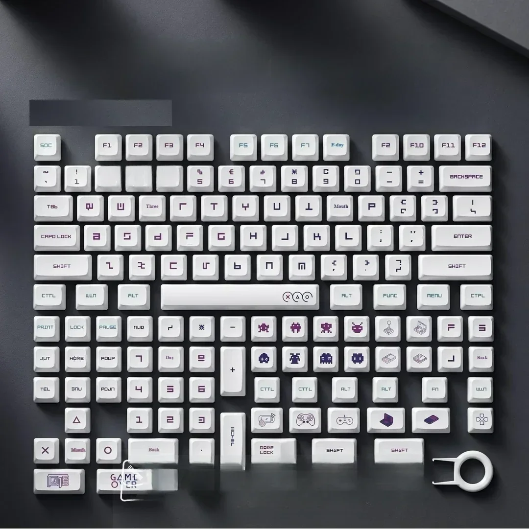 A vibrant collection of PBT XDA gaming keycap set, showcasing playful retro pixel art designs from different angles. This set brings a nostalgic arcade.
