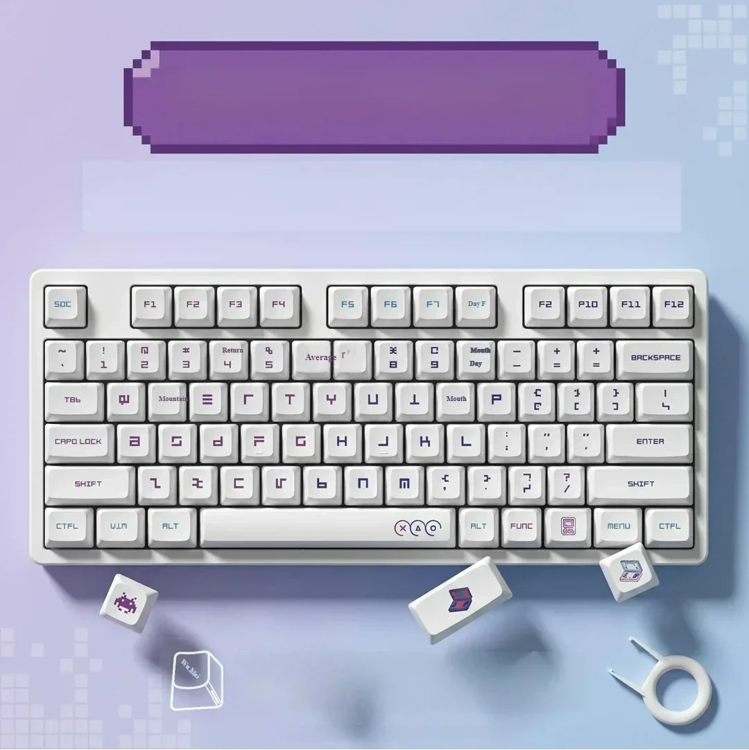 Main display of playful retro gaming PBT XDA keycap set, showcasing vibrant pixel art and cartoon characters for ultimate gaming fun.