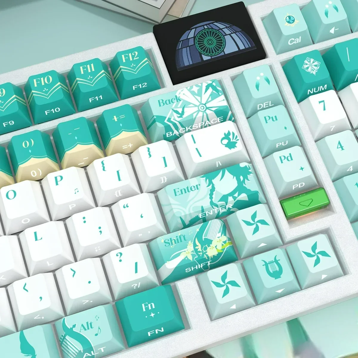 Various views of Barbatos Ethereal side-lit PBT Genshin Impact keycaps set, featuring translucent wind-inspired designs and glowing aesthetics.