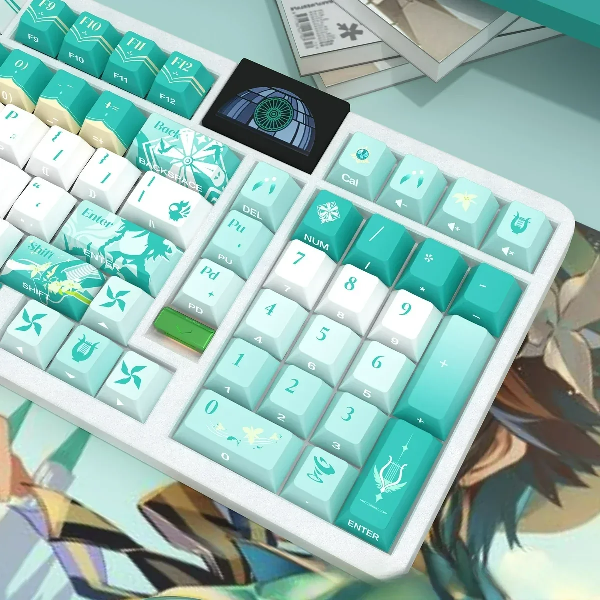 Gallery view of Barbatos Ethereal side-lit PBT Genshin Impact keycaps set, showcasing translucent designs and wind motifs for a glowing, artistic design.
