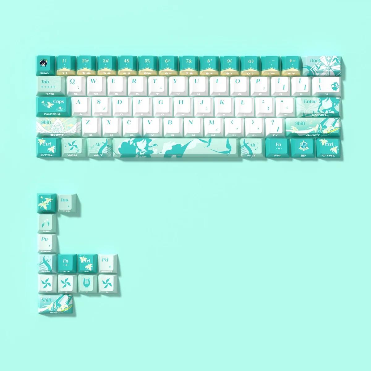 Detailed view of Barbatos Ethereal Genshin Impact PBT keycaps set, revealing the translucent side-lit effect and intricate wind-inspired designs in soft aesthetics.