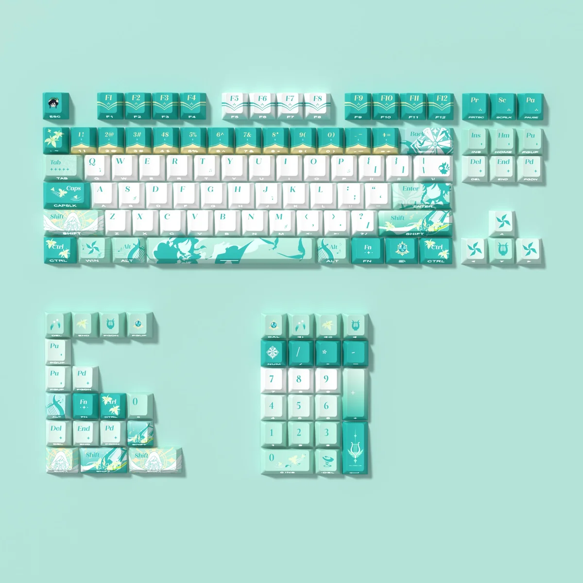 Genshin Impact Barbatos Ethereal PBT side-lit keycaps set from multiple angles. Translucent wind motifs showcase their glowing aesthetic.