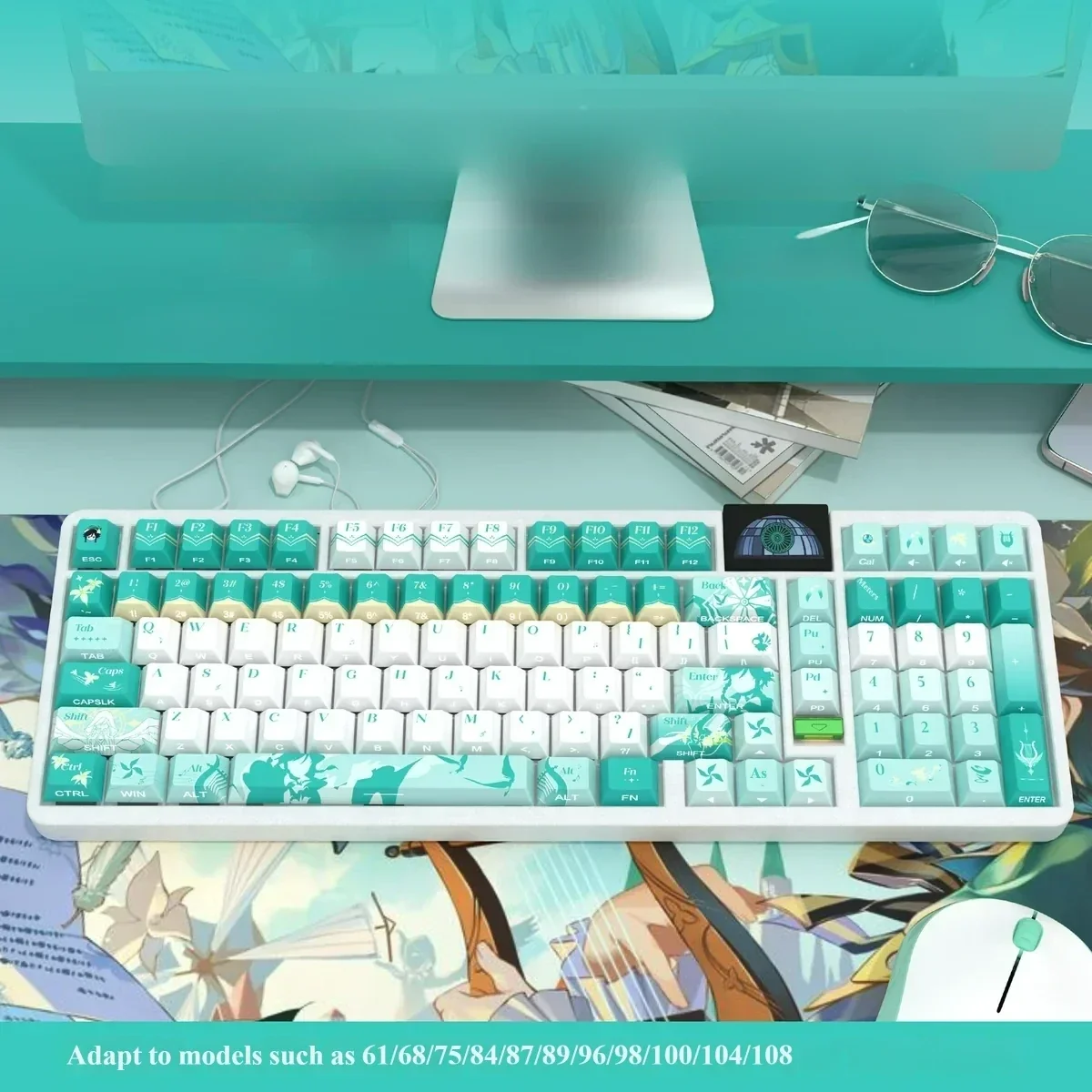 Ethereal Barbatos Genshin Impact PBT keycaps set with translucent side-lit design, featuring wind-inspired motifs and a glowing aesthetic.