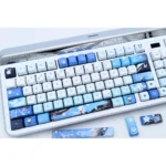 Gallery of premium Kamisato Ayaka Genshin Impact MDA PBT keycaps, showcasing various angles of their exclusive ice-themed design and serene Cryo aesthetic.