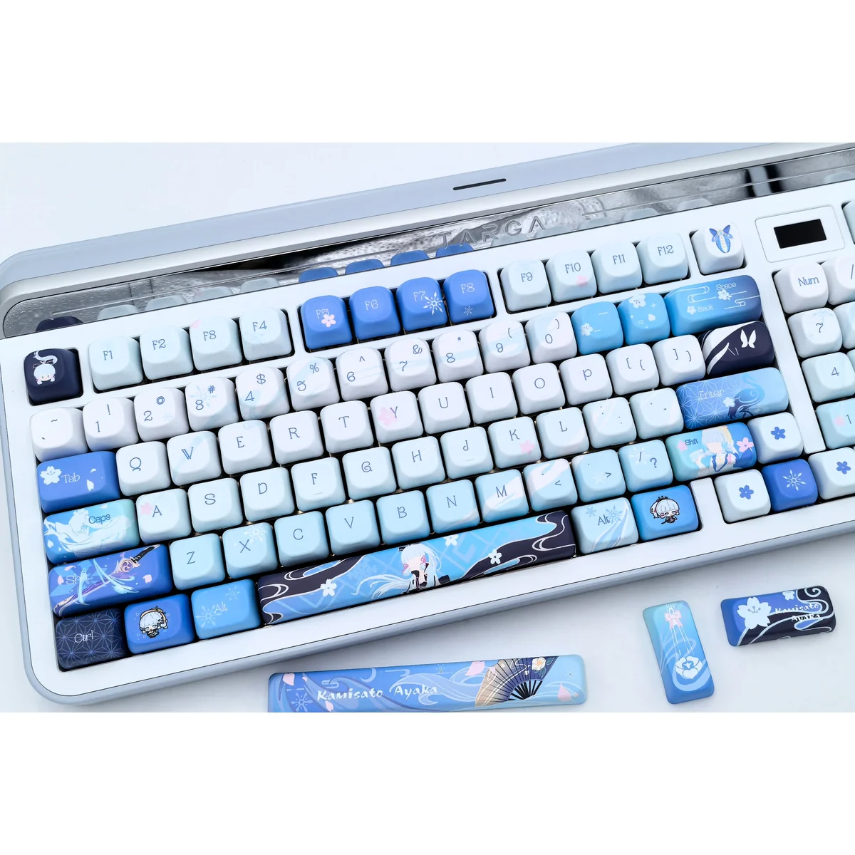 Gallery of premium Kamisato Ayaka Genshin Impact MDA PBT keycaps, showcasing various angles of their exclusive ice-themed design and serene Cryo aesthetic.