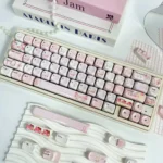 Gentle Landing MOA PBT keycaps displayed from multiple angles, revealing their serene, glazed aesthetic and unique MOA profile with a calming.