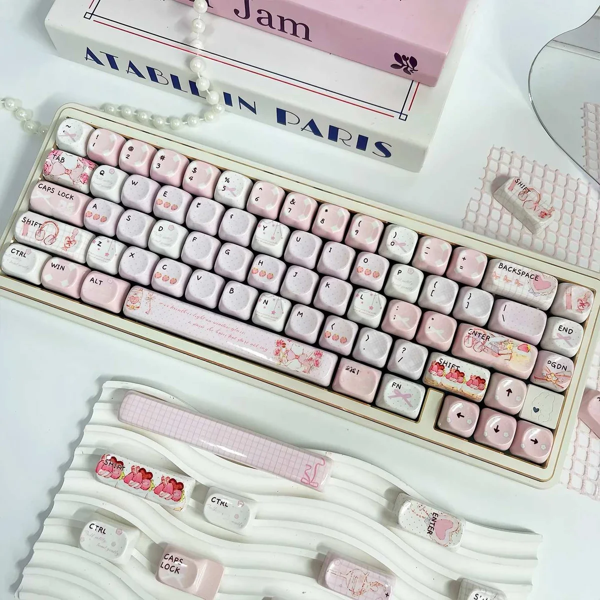 Gentle Landing MOA PBT keycaps displayed from multiple angles, revealing their serene, glazed aesthetic and unique MOA profile with a calming.