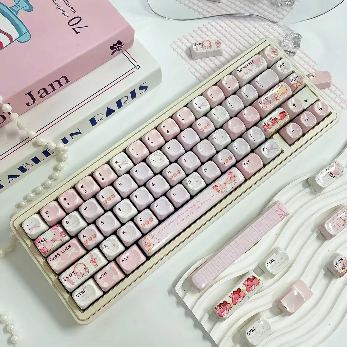 A collection of Gentle Landing MOA PBT keycaps from various artistic angles, emphasizing their serene, glazed aesthetic.