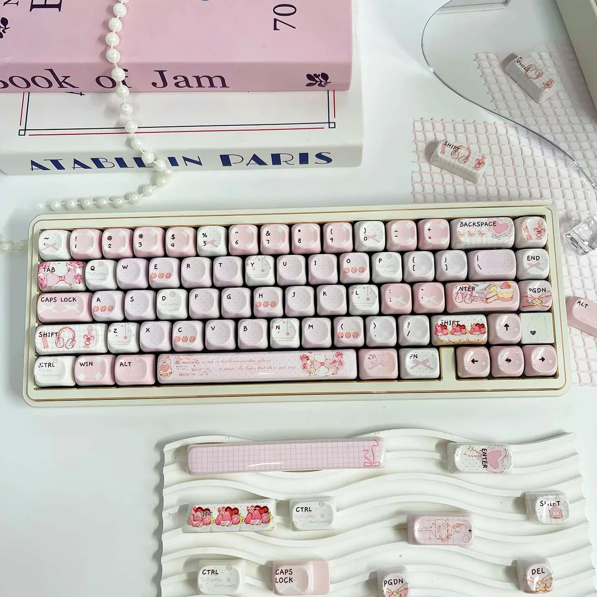 Serene PBT MOA Keycaps from the Gentle Landing set, displaying their unique profile and a captivating glazed aesthetic with soft, ethereal colors.