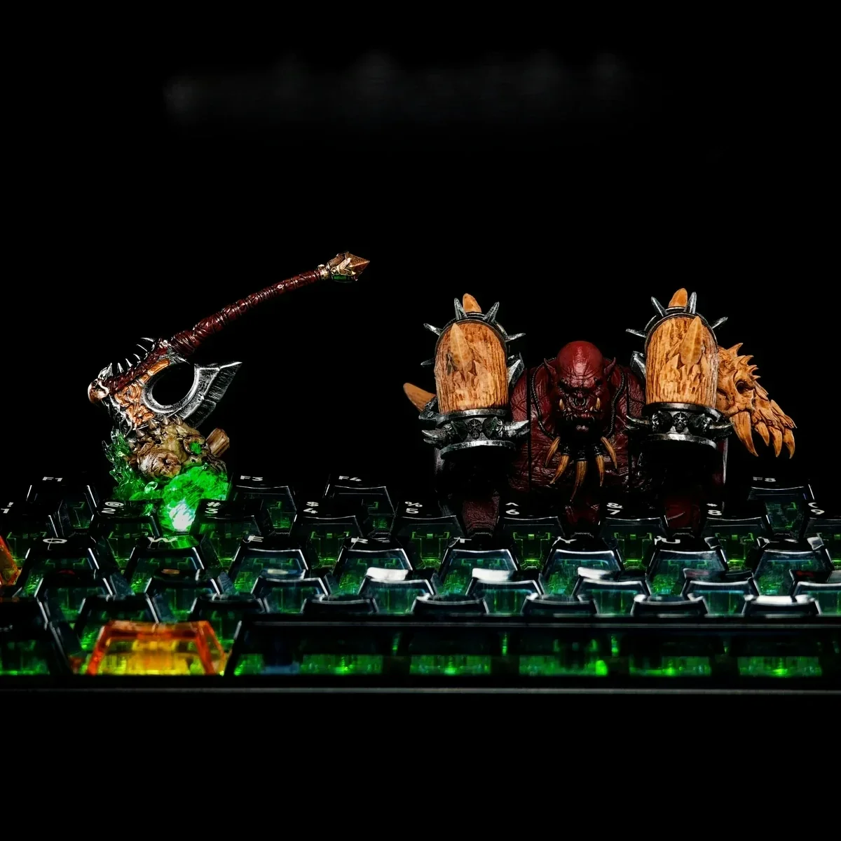 Angled view of the artisan WoW Gorehowl Keycap, detailing its iconic magnetic axe and intricate dark fantasy design, a premium Horde gaming collectible design.