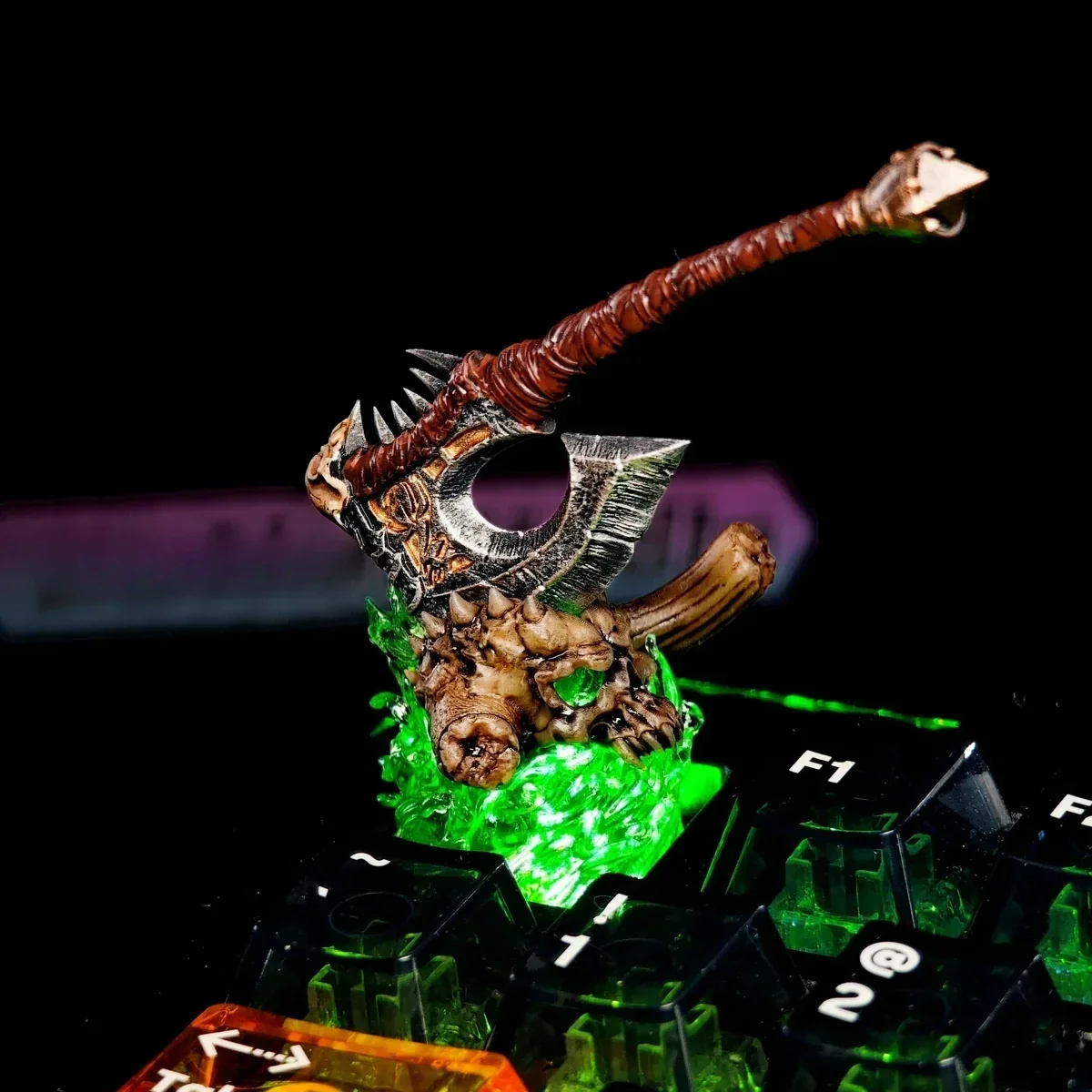 Artisan WoW Gorehowl Keycap, an iconic dark fantasy collectible featuring a magnetic detachable axe, perfect for Horde gaming setups.