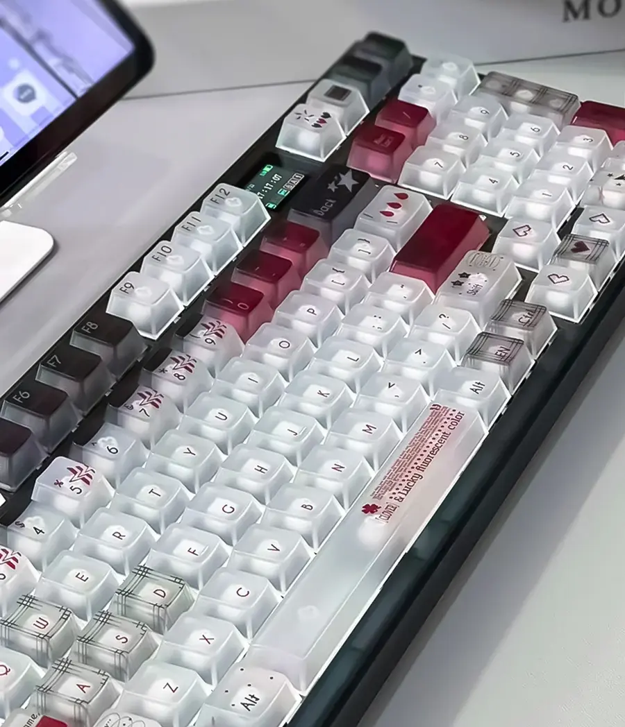Frosted Grey Scale PC Keycap Set from various angles. Its elegant translucent, frosted PC creates a diffused light effect.