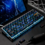 Dynamic side view of the premium RX-0 Unicorn Gundam 02 Banshee backlit PBT keycap set, showcasing its iconic mecha aesthetic and futuristic light-through effects.