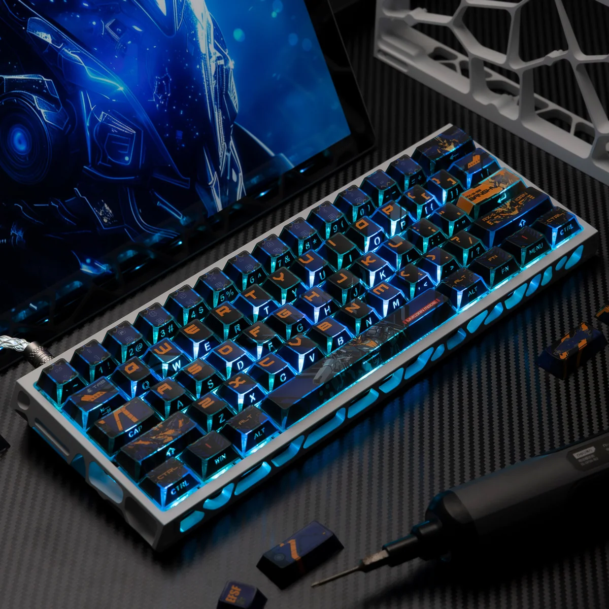 Dynamic side view of the premium RX-0 Unicorn Gundam 02 Banshee backlit PBT keycap set, showcasing its iconic mecha aesthetic and futuristic light-through effects.