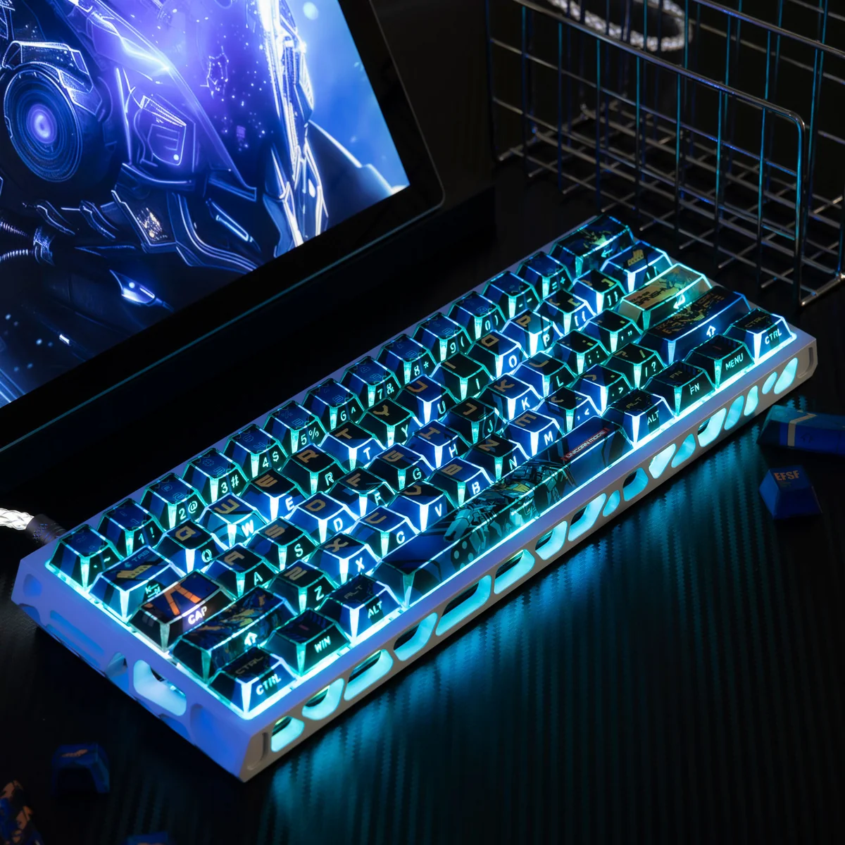 Premium RX-0 Unicorn Gundam 02 Banshee Backlit PBT Keycap Set, showcasing iconic mecha aesthetic, dynamic light-through, and dark-toned futuristic design from multiple angles.