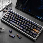 Close-up of premium RX-0 Unicorn Gundam 02 Banshee backlit PBT keycaps, showcasing intricate mecha details and vibrant light-through effects from a unique angle.
