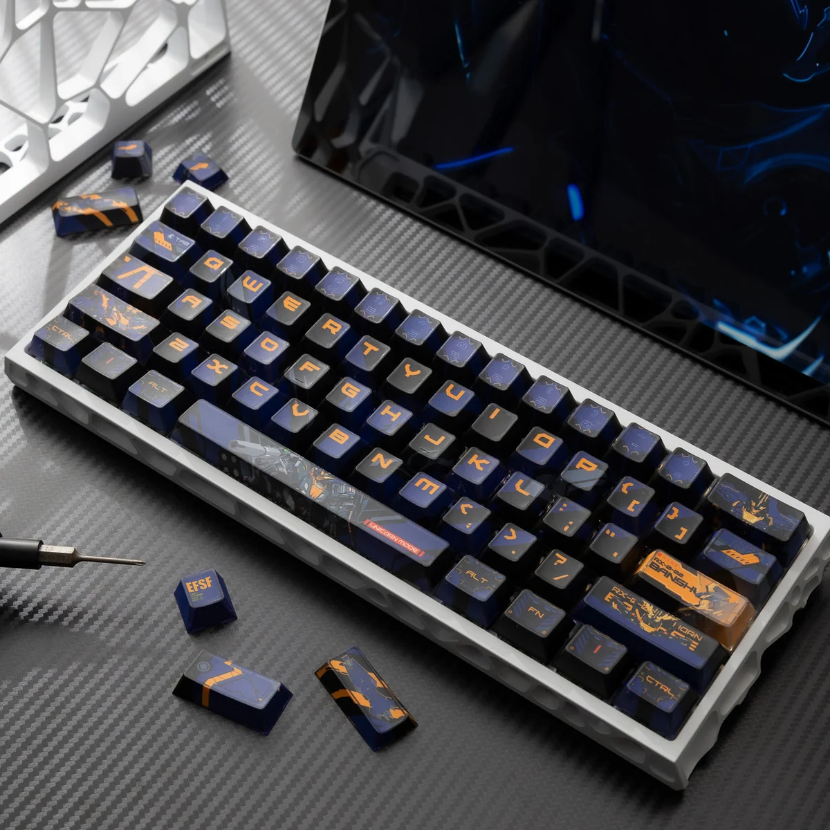Close-up of premium RX-0 Unicorn Gundam 02 Banshee backlit PBT keycaps, showcasing intricate mecha details and vibrant light-through effects from a unique angle.