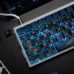 A collection of premium RX-0 Unicorn Gundam 02 Banshee Backlit PBT Keycaps, showcasing the iconic mecha aesthetic from various angles with dynamic light-through elements.