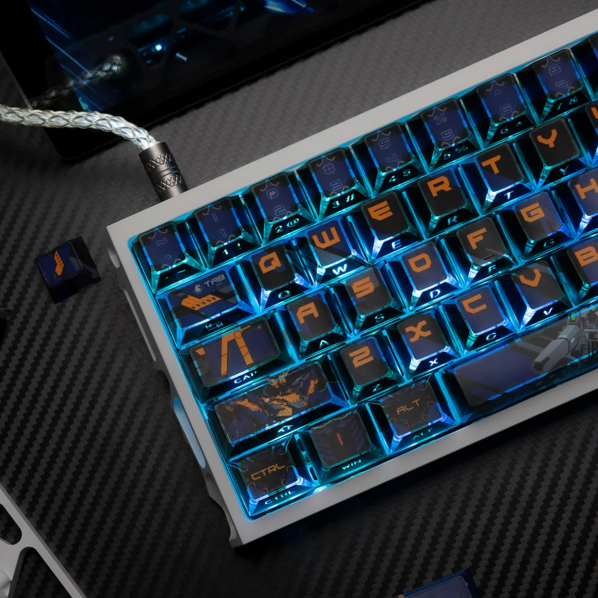 A collection of premium RX-0 Unicorn Gundam 02 Banshee Backlit PBT Keycaps, showcasing the iconic mecha aesthetic from various angles with dynamic light-through elements.