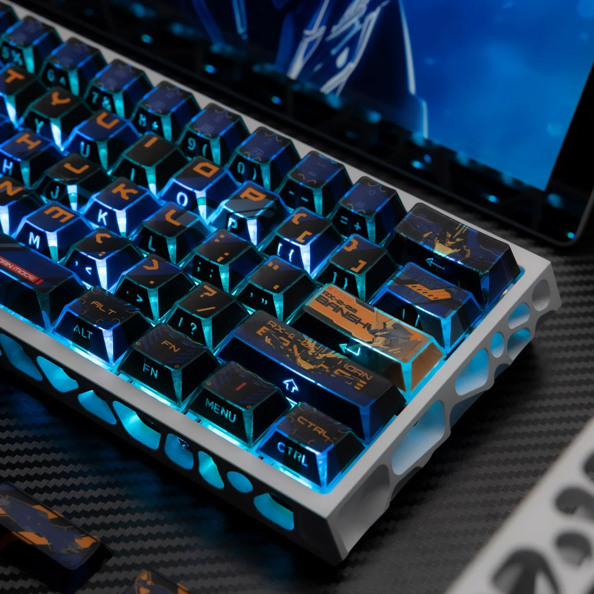 Dynamic angle of premium RX-0 Unicorn Gundam 02 Banshee backlit PBT keycaps, highlighting their dark-toned, light-through design and futuristic Mobile Suit aesthetic.